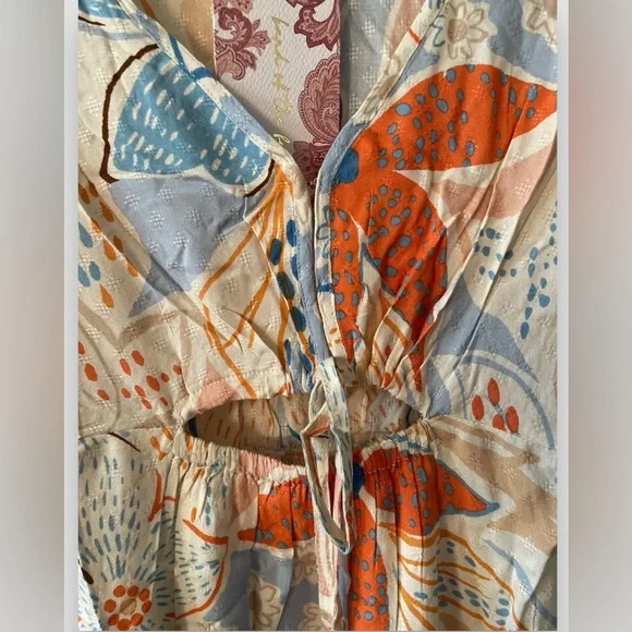 Band Of The Free Sky Blue Sand Floral Dress Size Small V-Neck & Puff Sleeve NWT - Picture 12 of 12